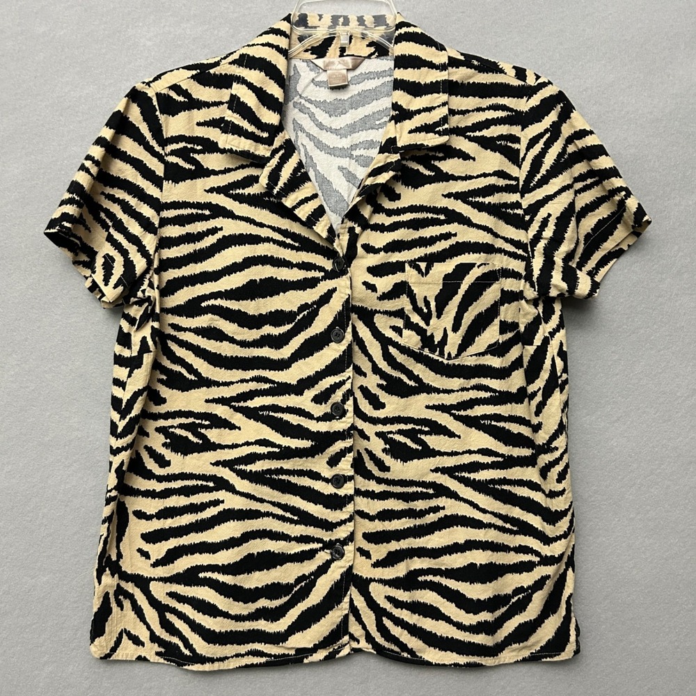 Zebra Print Shirt Women's 8-10 Button Up Tan Black Retro Funky Edgy White Stag